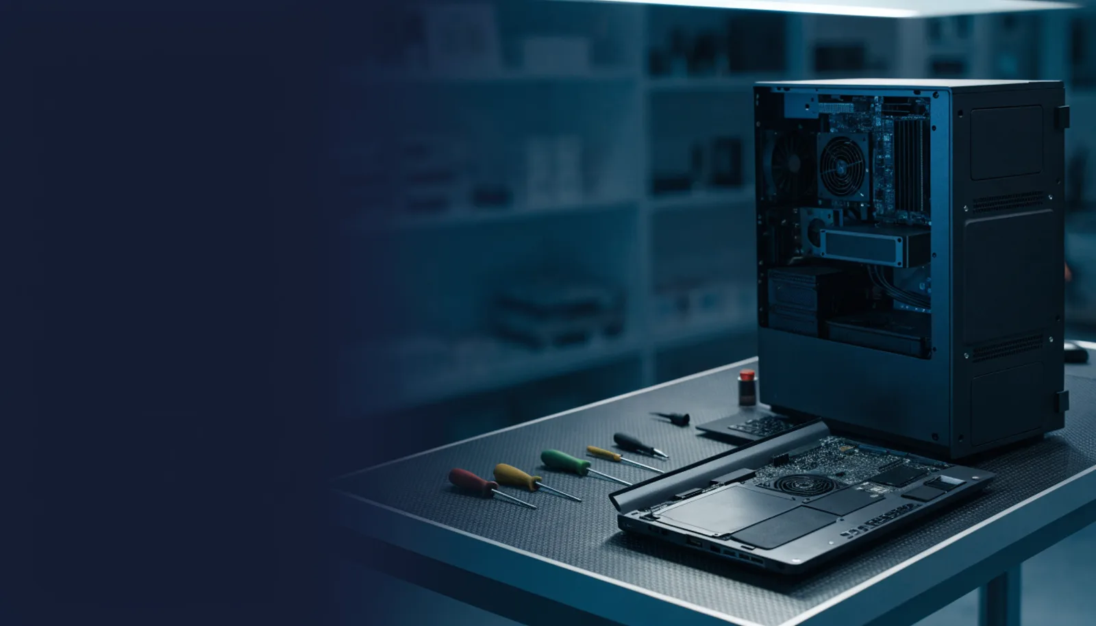 Bancada da assistência técnica MicroTi com notebook e computador em manutenção
