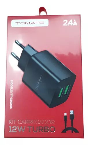 Carregador Para Type-C Turbo Com 2 Portas Usb 12w Un 2.4a - Tomate - Tt-1202uc